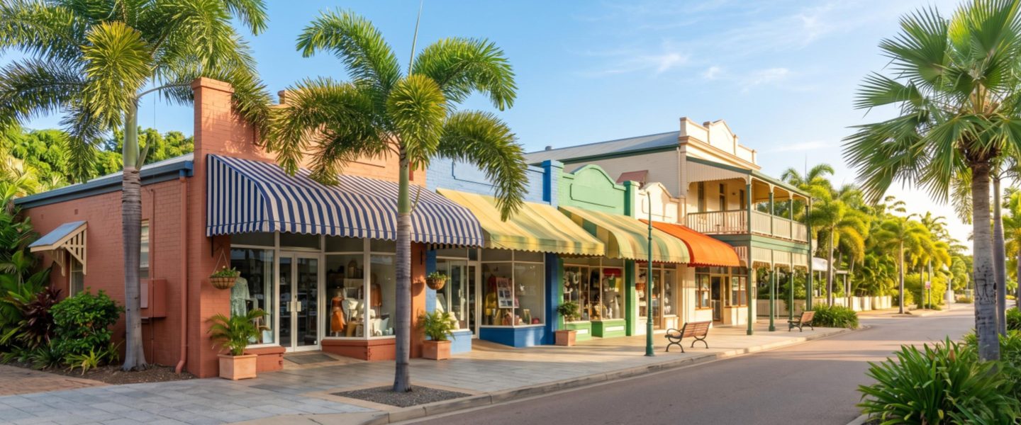 Townsville commercial street with small business shopfronts in tropical North Queensland