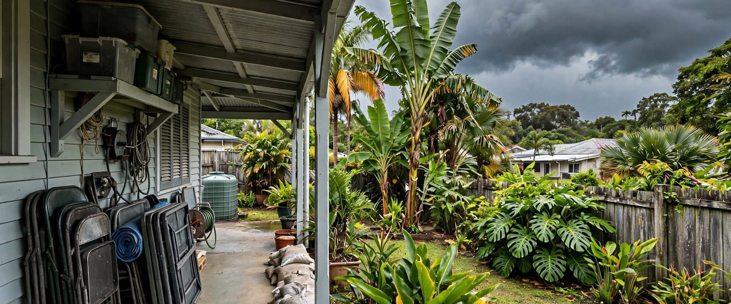 Townsville suburban home being prepared for cyclone season with outdoor furniture secured