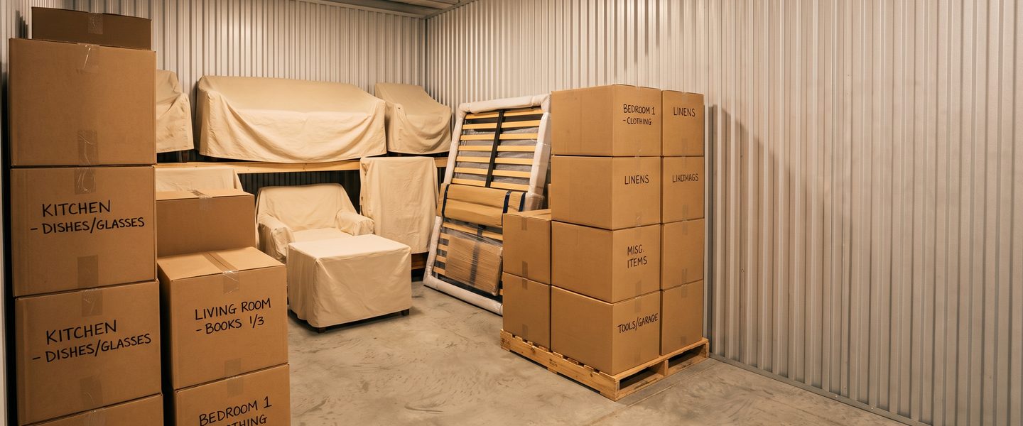 Neatly packed self storage unit with organised boxes and furniture in Pimlico Townsville