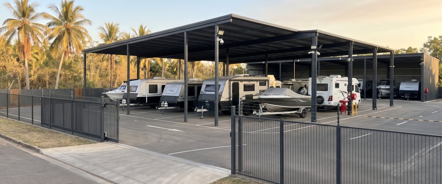 Caravans and trailer boats parked under a covered storage bay in a fenced vehicle storage yard in Townsville