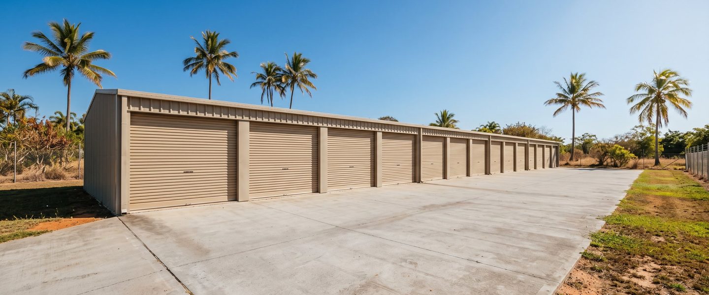 Row of garage-style self storage units with roller doors under a clear blue Townsville sky