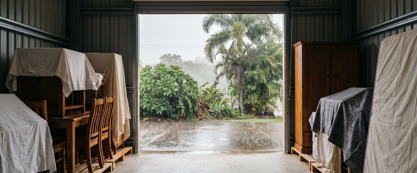 Furniture under breathable cotton covers raised on timber pallets inside a storage unit during a Townsville wet season downpour